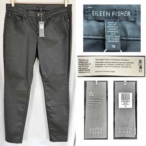 Eileen Fisher Women Sz 16 Black Organic Cotton Waxed Skinny Jeans High Rise NWT